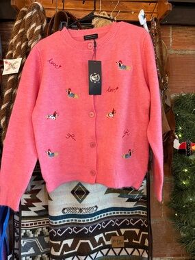 S. Christensen Pink Embroidered Dog-Motif Button Cardigan